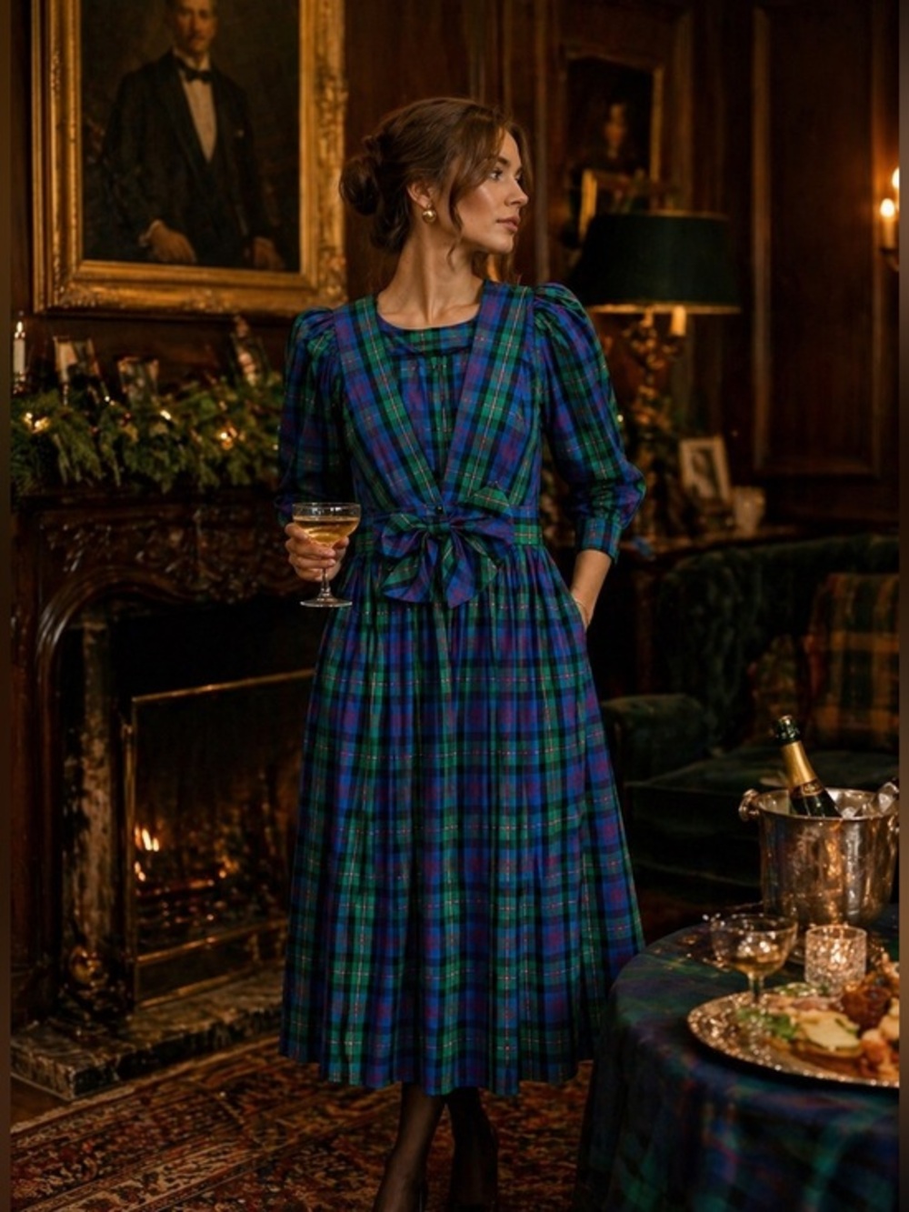 Vtg Misty Lane 80's 90's Y2k plaid puff sleeve tartan taffeta midi dress sz 7/8